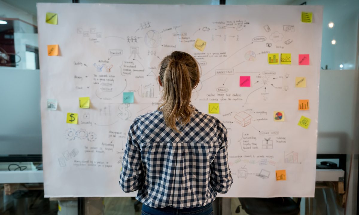 Woman sketching a business plan at a creative office